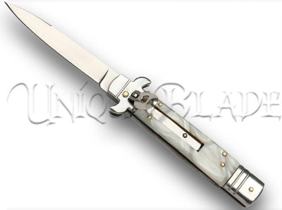 9" Italian Leverletto Stiletto Automatic Switchblade Knife: White - Experience classic Italian design with a modern twist in this white Leverletto stiletto, combining elegance and functionality in a 9-inch automatic switchblade.