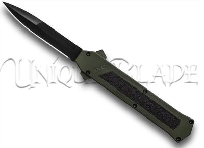 AKC F-16 OD Green OTF Automatic Knife - Bayo Black Plain - Tactical Precision in Green - This OTF automatic knife features an OD green handle and a bayonet-style black plain blade for reliable and versatile cutting tasks.