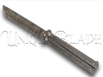Butterfly Coal Miner Steel Knife: Tanto Point Damascus Blade Balisong – Unleash Precision and Artistry in Every Flip.