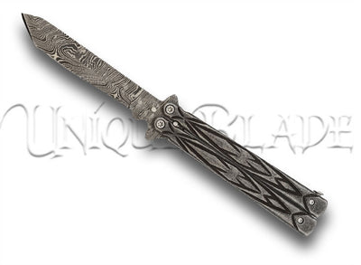Butterfly Sudden Fatality Tribal Balisong Fanning Knife - Tanto Damascus Steel Blade - Master the art of flipping with this tribal-inspired balisong knife, showcasing a precision-crafted Tanto Damascus steel blade for a touch of sudden fatality.