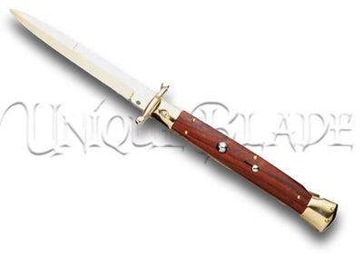 Frank B. 11" Cocobolo Italian Stiletto Swinguard Gold Plated - Bayonet Gold - Indulge in luxury with this 11" stiletto swinguard automatic knife, featuring a cocobolo handle and a gold-plated bayonet blade for a touch of opulence.