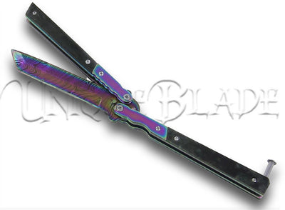 Eye of the Tiger Rainbow Damascus Steel Titanium Butterfly Knife Balisong - Embrace the wild elegance with this eye-catching butterfly knife, featuring a rainbow Damascus steel blade and a titanium handle for a stunning and powerful display.