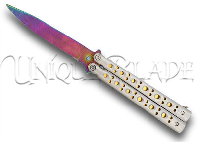 Gold Panning Clip Point Balisong Butterfly Knife - Elevate your collection with this unique balisong, featuring a titanium Damascus steel blade in a drop-point design for a stylish and functional flipping experience.