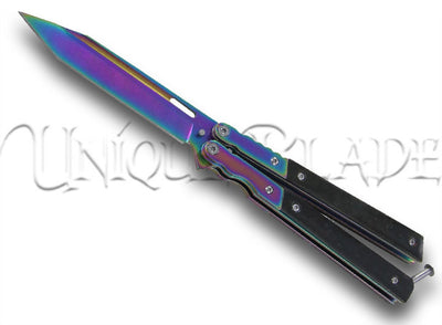 Lethal Rainbow Titanium Butterfly Balisong Knife Black G-10 - Unleash a spectrum of style and skill with this lethal butterfly knife, featuring a rainbow titanium finish and a black G-10 handle for a captivating and functional flipping experience.