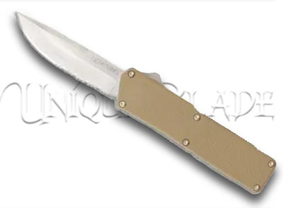 Lightning Tan OTF Automatic Knife - Satin Plain - Serrated Blade: A sleek tan handle paired with a satin-finished plain blade with serrations, combining style and functionality for versatile cutting tasks.