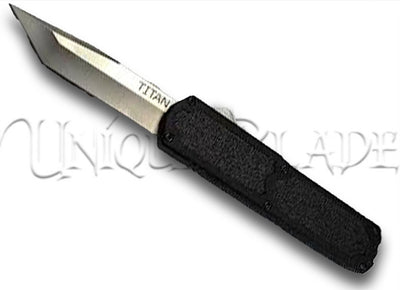 Titan OTF Automatic Knife: Black Handle, Silver Tanto Blade – Precision and Style in Every Swift Deployment.