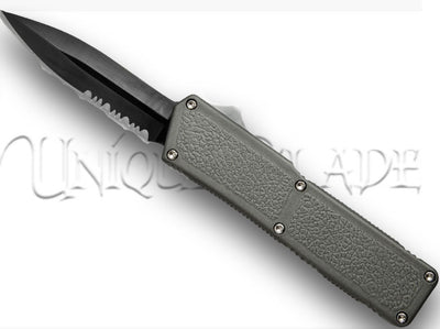 Lightning Out The Front Automatic Switchblade Knife - Gray Solid Black Serrated: A powerful and reliable OTF knife featuring a solid black design with a serrated edge, delivering both style and cutting performance for various tasks.