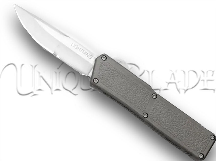 Lightning Out The Front Automatic Switchblade Knife - Gray Silver Plain - Sleek and Functional Elegance - This automatic switchblade boasts a stylish gray-silver design with a plain edge for versatile cutting.