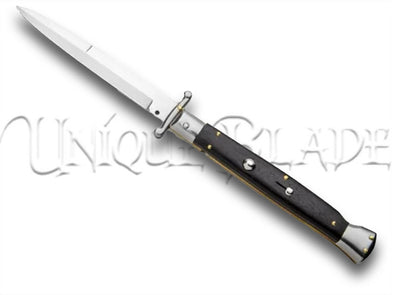 Frank B. 11" Italian Stiletto Swinguard Ebony Automatic Knife - Bayonet - Immerse yourself in Italian craftsmanship with this 11" stiletto swinguard automatic knife, featuring an ebony handle and a classic bayonet blade for timeless style and precision.