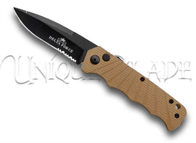 Delta Force Automatic Knife: Tan Aluminum - Black Serrated: Unleash tactical precision with this automatic knife featuring a tan aluminum handle and a black serrated blade from the Delta Force collection.