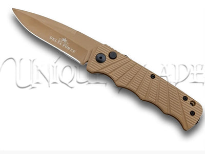 Delta Force Automatic Knife - Tan Aluminum - Tan Plain - Navigate with confidence using this Delta Force automatic knife, featuring a tan aluminum handle and a sharp tan plain blade for tactical precision.