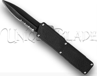 Lightning Out The Front Automatic Switchblade Knife - All Black Serrated - Swift deployment meets tactical precision. This all-black, serrated blade switchblade is designed for quick and efficient cutting tasks.