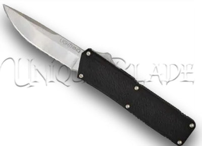 Lightning Black OTF Automatic Knife: Satin - Plain Blade - Unleash sleek precision with this black out-the-front automatic knife, featuring a satin plain blade for a perfect blend of style and functionality from the Lightning collection.