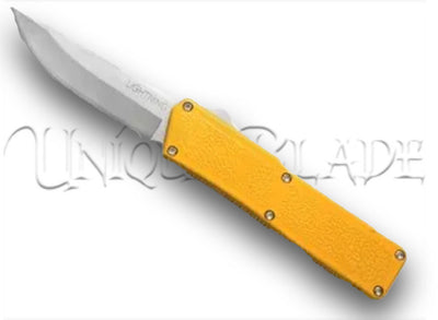 Lightning Yellow OTF Automatic Knife - Satin Plain Blade: Stand out with a vibrant yellow handle and a sleek satin plain blade, offering a stylish and efficient automatic knife for everyday use.
