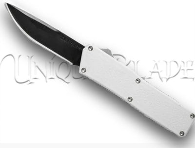 Lightning White OTF Automatic Knife - Black Plain: A striking white handle complemented by a sleek black plain blade, delivering a stylish and sharp design for various cutting needs.