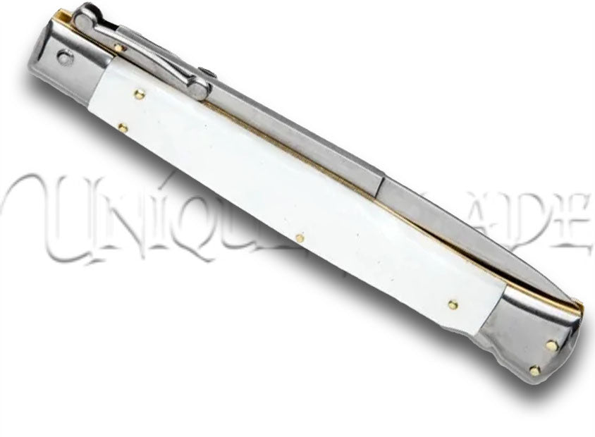 Frank B. 11" Italian Stiletto Swinguard White Automatic Knife - Bayonet