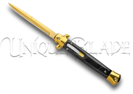 Mago 11" Black Acrylic Italian Stiletto OTF Automatic Knife - Gold Bayonet - Italian Elegance with a Golden Edge - This OTF automatic knife features a black acrylic handle and a stunning gold bayonet blade for a touch of sophistication and precision.