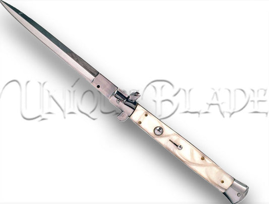13" Italian Stiletto Automatic Switchblade Knife in White - Classic design meets modern convenience. A stylish and reliable switchblade with a sleek white handle for a touch of sophistication.