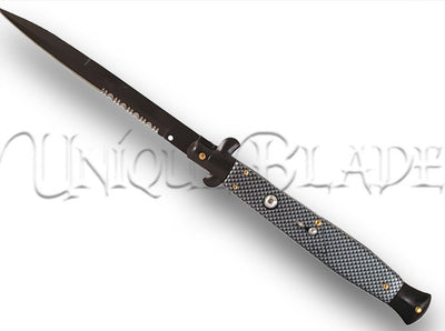 13" Italian Stiletto Automatic Switchblade Knife - Faux Carbon Fiber Handle - A blend of style and functionality. This switchblade features a sleek faux carbon fiber handle for a contemporary touch.