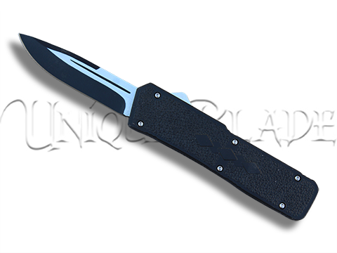 Brutus Black OTF Automatic Knife - Black Plain Blade - Single Edge - Unleash power and stealth with this sleek and reliable automatic knife, featuring a black plain blade for versatile cutting.