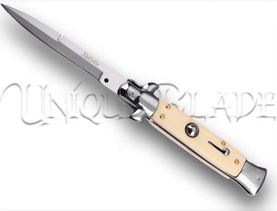 9" Italian Stiletto Automatic Switchblade Knife: Faux Ivory - Embrace the timeless elegance of Italian design with this automatic switchblade featuring a faux ivory handle, combining style and sophistication.