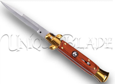 9" Italian Stiletto Automatic Switchblade Knife: Cocobolo Wood with Gold - Experience luxury in this Italian stiletto, boasting a cocobolo wood handle adorned with gold accents for a perfect fusion of elegance and functionality.