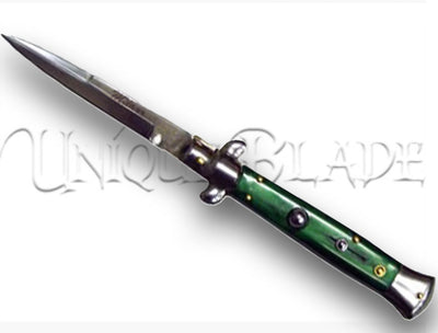 9" Italian Stiletto Automatic Switchblade Knife: Green - Infuse your collection with Italian flair and functionality using this 9-inch automatic switchblade, featuring a vibrant green design.