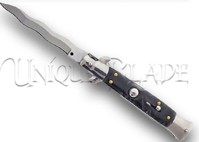 9" Italian Stiletto Automatic Switchblade Knife Kriss Blade - Black - Sleek Italian Precision - This switchblade features a Kriss blade design, combining Italian craftsmanship with a stylish black finish for a precision tool with a touch of elegance.