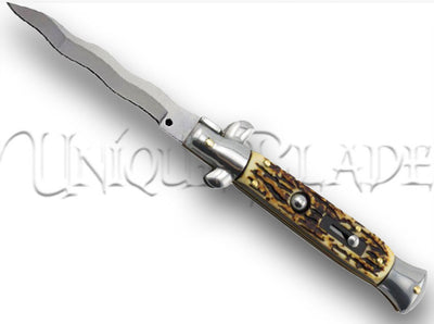9" Italian Stiletto Automatic Switchblade Knife Kriss Blade: Stag Handle Elegance – Unleash Italian Craftsmanship and Style with Every Swift Deployment.