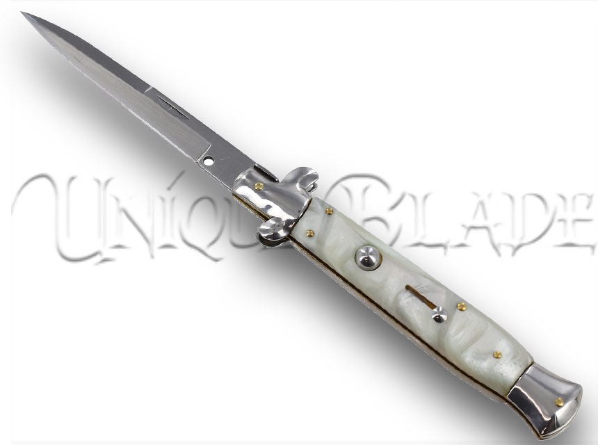 9" Italian stiletto automatic switchblade knife - Marble White