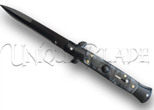 9" Italian Stiletto Automatic Switchblade Knife: All Black - Unleash sophistication and power with this all-black automatic switchblade, combining Italian craftsmanship with a sleek design for a timeless edge.