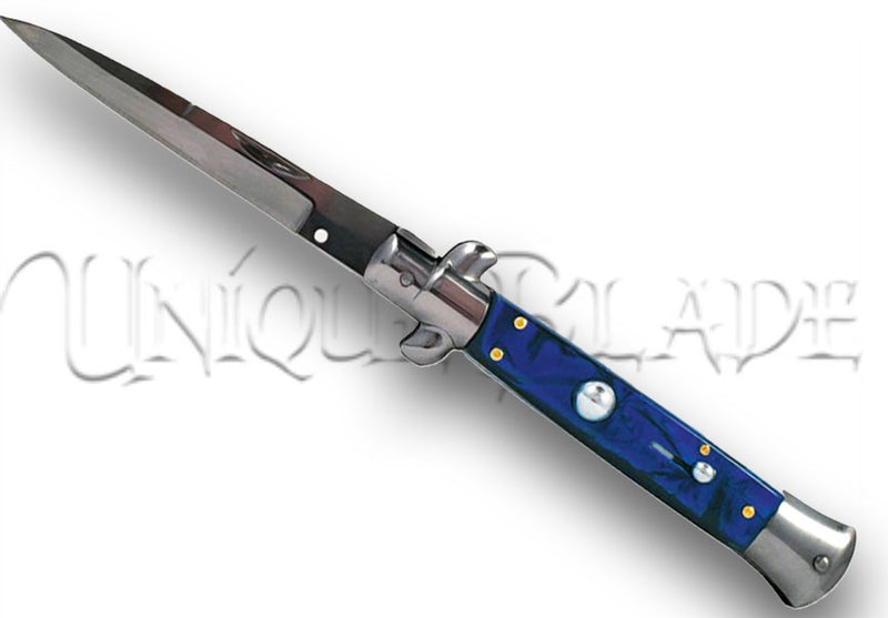 9" Italian Stiletto Automatic Switchblade Knife: Blue Marble - Infuse elegance into your collection with this Italian stiletto, boasting a blue marble handle for a touch of sophistication and style.