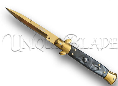 9" Italian Stiletto Automatic Switchblade Knife: Elegant Gold with Black Marble Accents – Elevate Your Collection with Italian Craftsmanship.