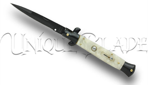 9" Italian style stiletto switchblade automatic knife white marble black blade