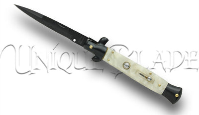 9" Italian Style Stiletto Switchblade Automatic Knife - White Marble, Black Blade - Elegance meets precision. This switchblade boasts a stylish white marble handle and a sleek black blade for a distinctive touch.