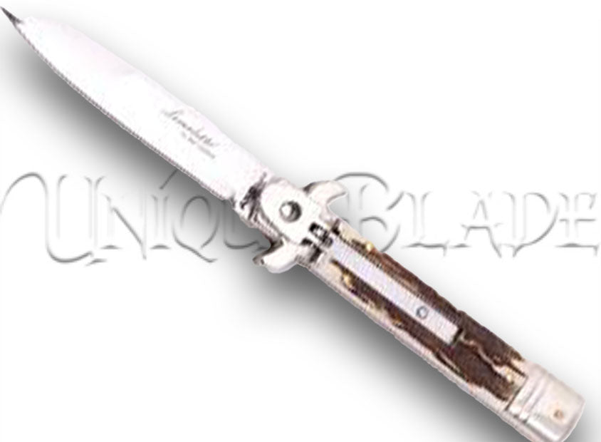9" Italian Leverletto stiletto automatic switchblade knife - Stag Horn