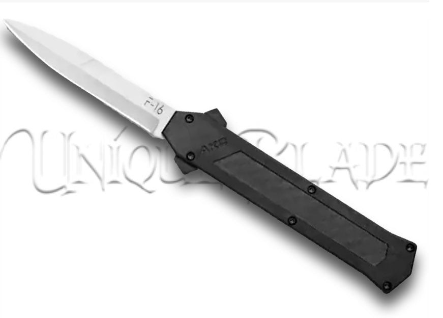 AKC F-16 Bayonet OTF Automatic Knife: Black Carbon Fiber - Experience the perfect fusion of style and functionality with this out-the-front automatic knife featuring a sleek bayonet blade and a black carbon fiber handle by AKC.