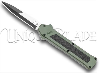 AKC F-16 OD Green OTF Automatic Knife: Bayo Two Tone Plain Blade - A sleek and reliable automatic knife with a two-tone plain blade, combining style and functionality in OD Green for versatile everyday use.