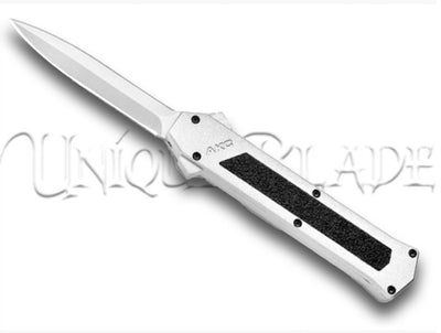 AKC F-16 White OTF Automatic Knife: Sleek dagger-style blade with a satin finish, combining style and functionality for a reliable OTF automatic knife by AKC.