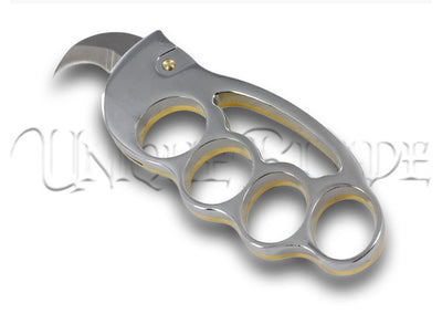 Backstep Jab Automatic Brass Knuckle Karambit Knife - Navigate challenges with style and strength using this unique fusion of brass knuckle and precision-crafted karambit blade.