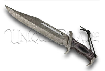 Black Elm Handle Damascus Bowie - Sleek Elegance in Steel - This Damascus Bowie knife with a black elm handle combines style and craftsmanship, offering a refined and powerful tool for collectors and outdoor enthusiasts alike.