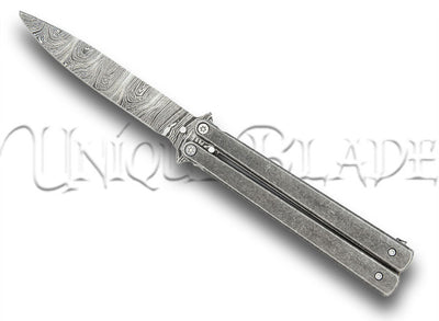 Butterfly Coal Miner Steel Knife - Drop Point Damascus Blade Balisong - Unleash the artistry and functionality with this coal miner-inspired balisong knife featuring a precision-crafted drop-point Damascus blade.