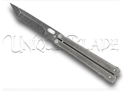 Butterfly Coal Miner Steel Knife - Stonewash Blade & Handle Balisong - Combine rugged style with precision flipping using this coal miner-inspired balisong knife featuring a stonewashed blade and handle.