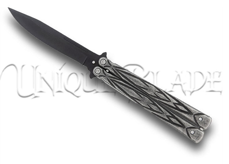 Butterfly Sudden Fatality Tribal Balisong Fanning Knife - Black Blade - Embrace the art of flipping with flair using this tribal-inspired balisong knife featuring a sleek black blade for a sudden touch of fatality.