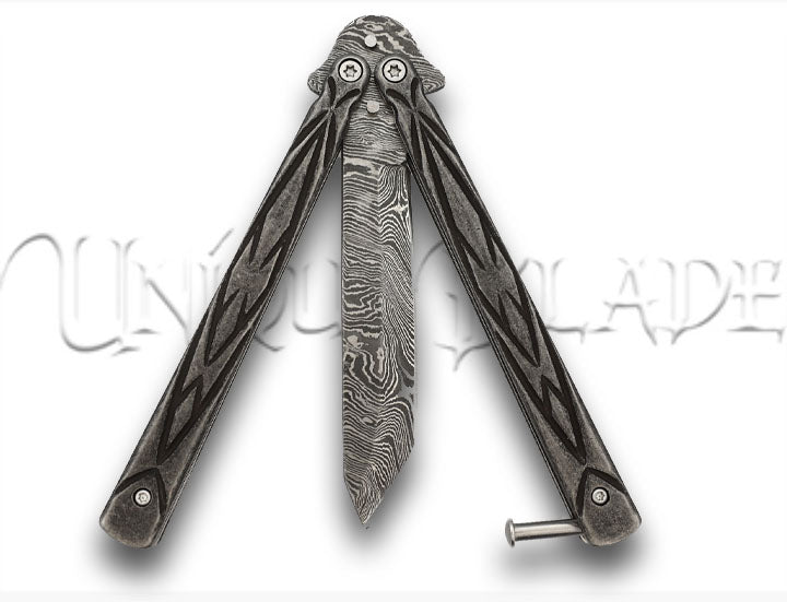 Butterfly Sudden Fatality Tribal Balisong Fanning Knife Tanto Damascus Steel Blade