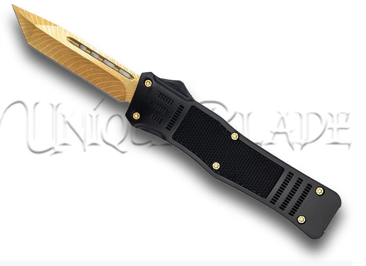 Covered in Gold Deluxe Automatic Dual Action OTF Knife - Elevate your style with this deluxe automatic knife, featuring a dual-action mechanism and a lavish gold finish for a touch of opulence.
