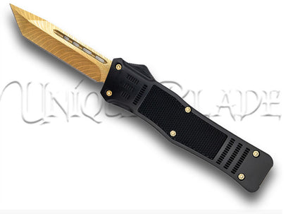 Covered in Gold Deluxe Automatic Dual Action OTF Knife - Elevate your style with this deluxe automatic knife, featuring a dual-action mechanism and a lavish gold finish for a touch of opulence.
