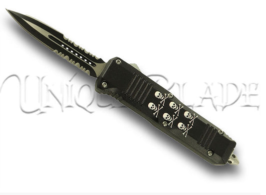 Crossbones Miniature Automatic Out the Front Knife - Unleash compact power with this striking miniature automatic knife, featuring a unique crossbones design for a touch of edge in your EDC.