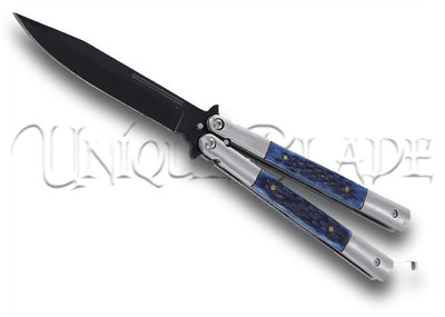 Dirty Little Secret Fanning Balisong Blue Jigged Bone Butterfly Knife Black Blade - Uncover the mystery with this striking butterfly knife featuring blue jigged bone handles, offering both style and intrigue in every flip.