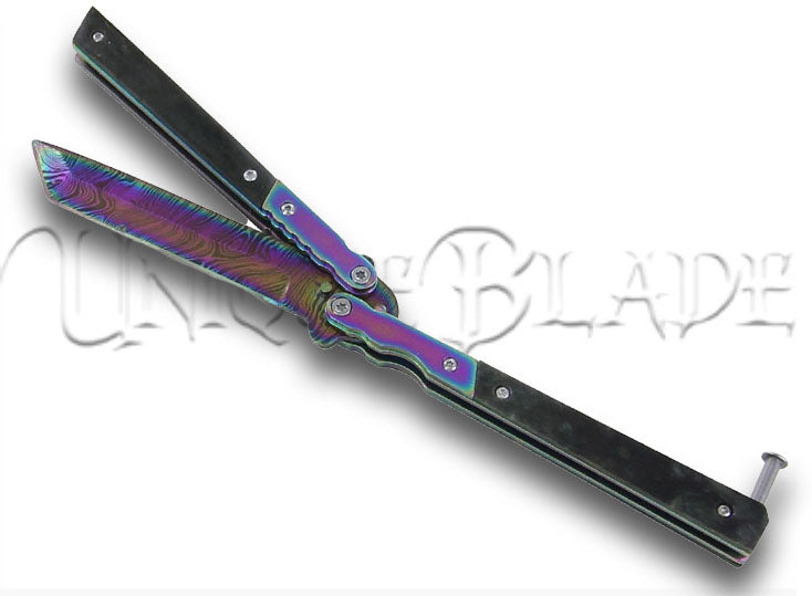 Eye of the Tiger Rainbow Damascus Steel Titanium Butterfly Knife Balisong